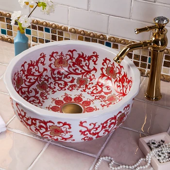 

Bathroom Cloakroom Europe Vintage Style Art wash basin Ceramic Counter Top Wash Basin Bathroom Sinks round bathroom sink