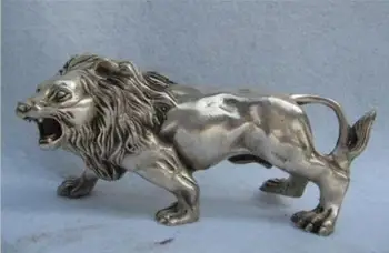

China Folk Refined white Copper Silver Feline animal Ferocious Male lion Statue Collectible Old Handwork copper Silver Bronze