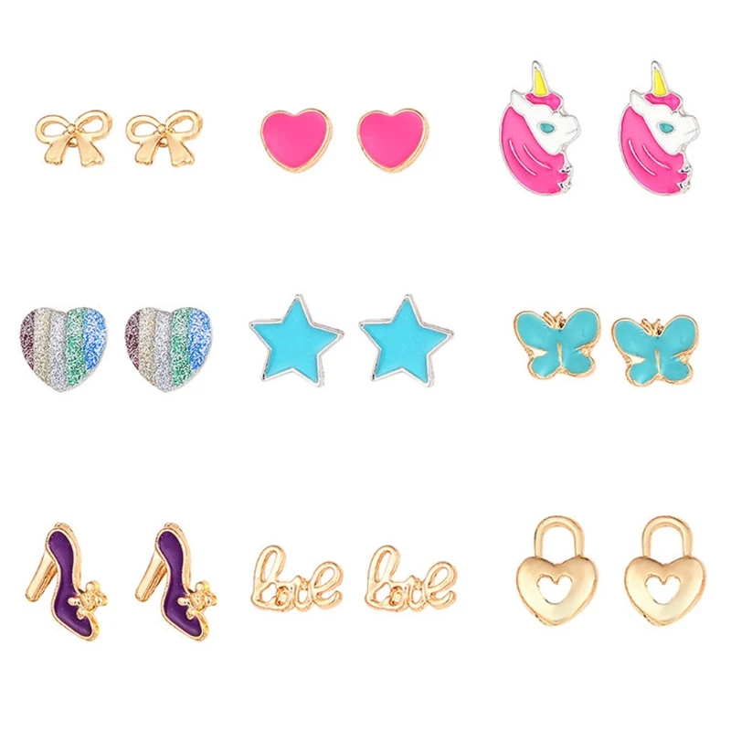 

9 Pairs Cute Small Unicorn Butterfly Bowtie Stud Earrings Set For Kids Girls