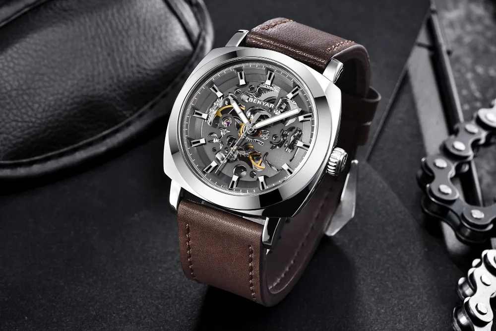 BENYAR мужские часы лучший бренд класса люкс Модные механические полые часы водонепроницаемый скелет мужские наручные часы кожа часы Relogio
