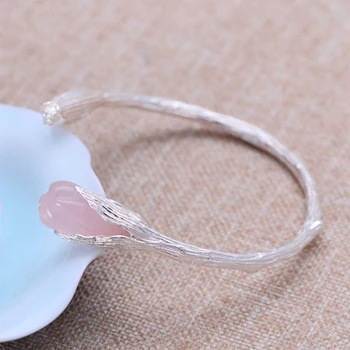 

MetJakt Natural Agate/Rose Quartz Bangle Solid 999 Fine Silver Open Tulip Bracelets for Women's Luxury Jewelry