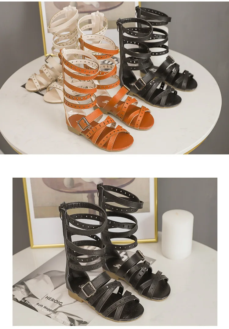 Детские сандалии-гладиаторы с заклепками в римском стиле наивысшего качества; сандалии из бикрофибры для девочек; модная летняя детская обувь; сандалии для девочек; SH19016