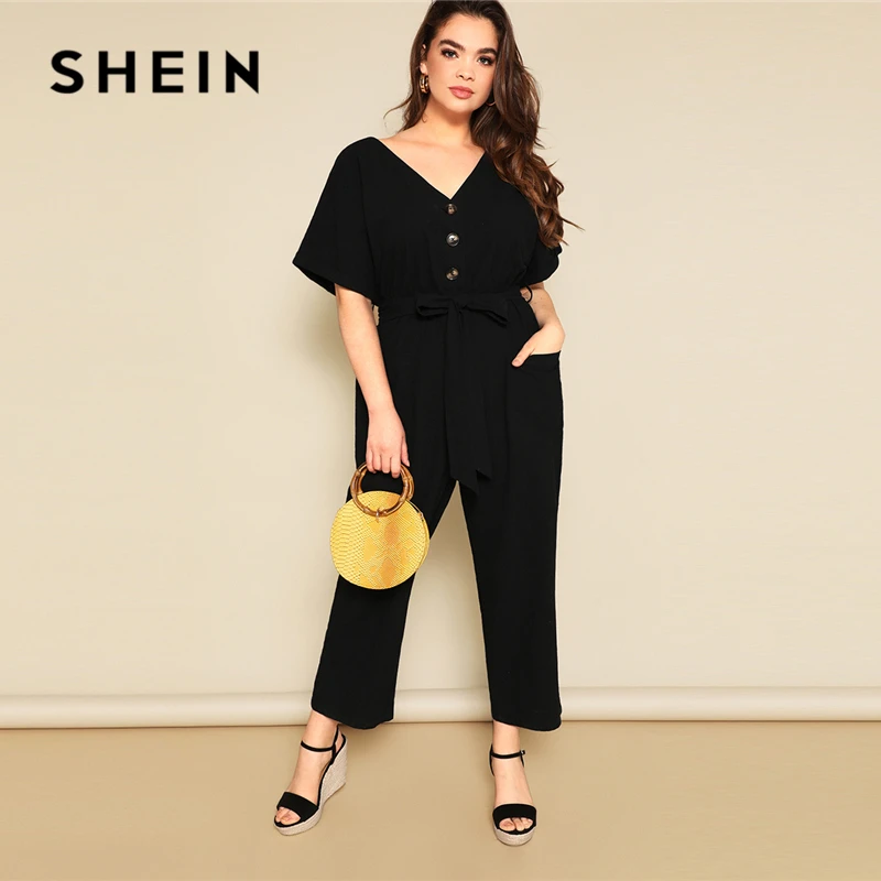 SHEIN Plus Size Button Front Wide Leg Belted Jumpsuit Women Spring Summer Casual V Neck Short Sleeve Longline Jumpsuits