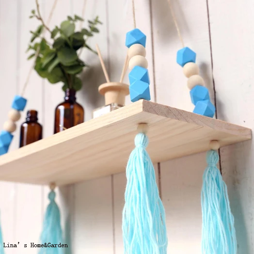 small hand crafted beaded solid wood rope display wall shelf,flat wood rope shelf (3)