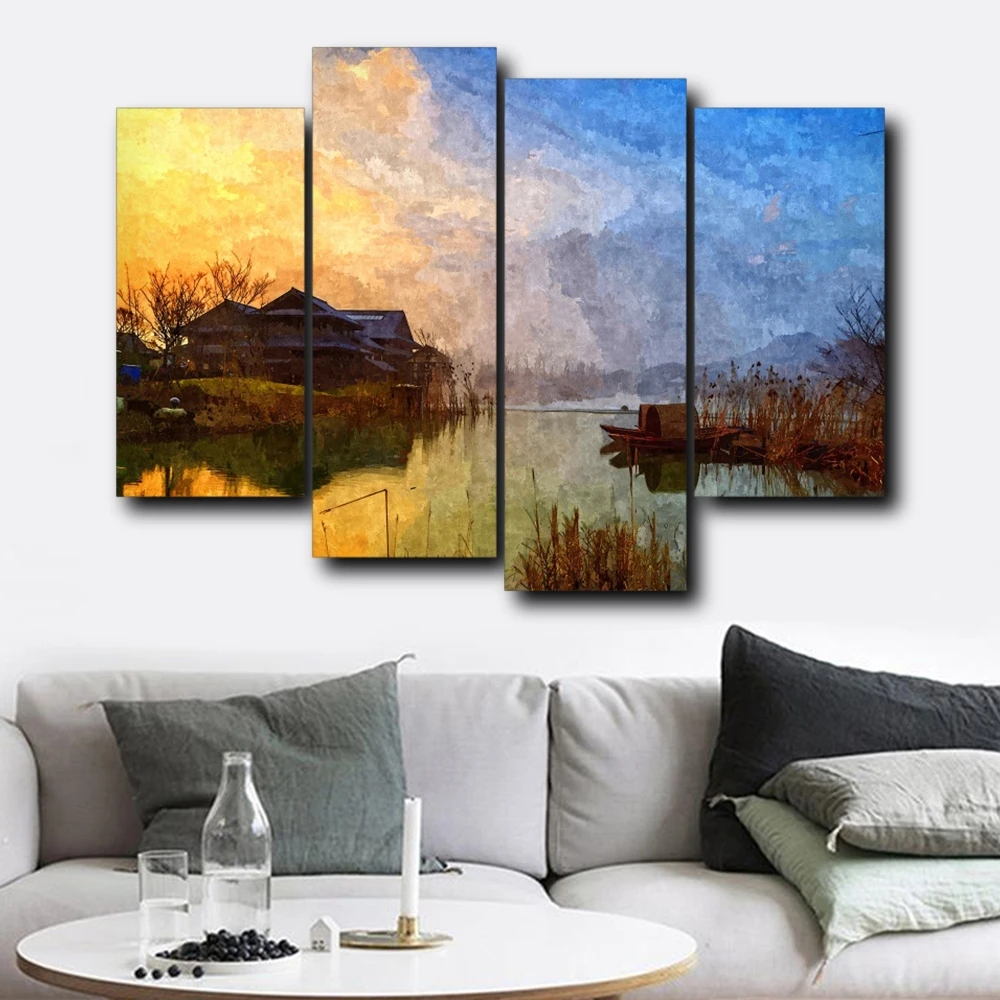 

4PCS Sunrise Natural Outside Wall Artwork Abstract House Posters and Prints Decorative Canvas Painting Home Living Room Decor