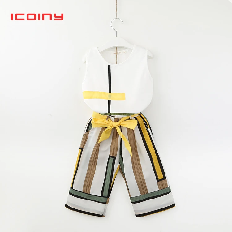 

Girl Sleeveless Tops Shirts + Pants 2019 Summer Printed Clothes Sets Girls Casual Bowtie Children's Clothing Suit 2 3 4 5 6 7 T
