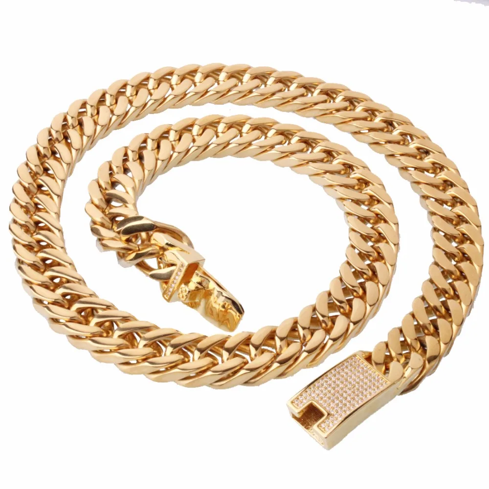 

15mm Wide 7-40" Length Cool Gold Tone Mens Curb Cuban Chain Boys Fashion Stainless Steel Necklace