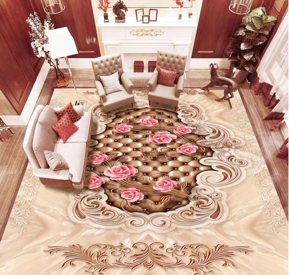 Custom Vinyl Wall Paper Marble European Pattern Soft Package Rose 3D Floor Tiles 3D Pvc Self