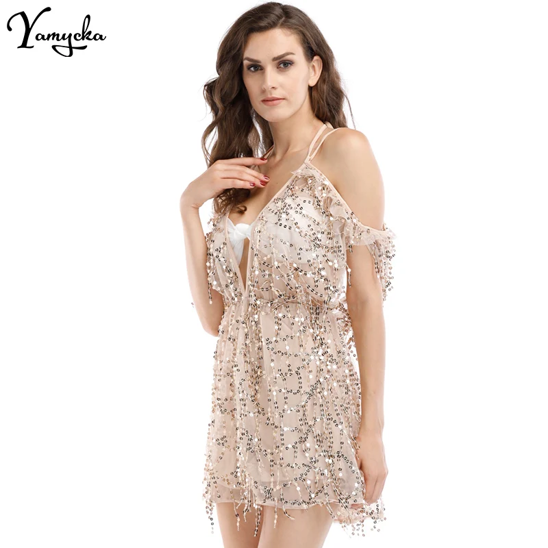 2018 Summer Sexy Black Gold Sequins Tassel V-Neck Women Jumpsuit Short Playsuit Romper Club Combinaison Bandage Overalls 2018 