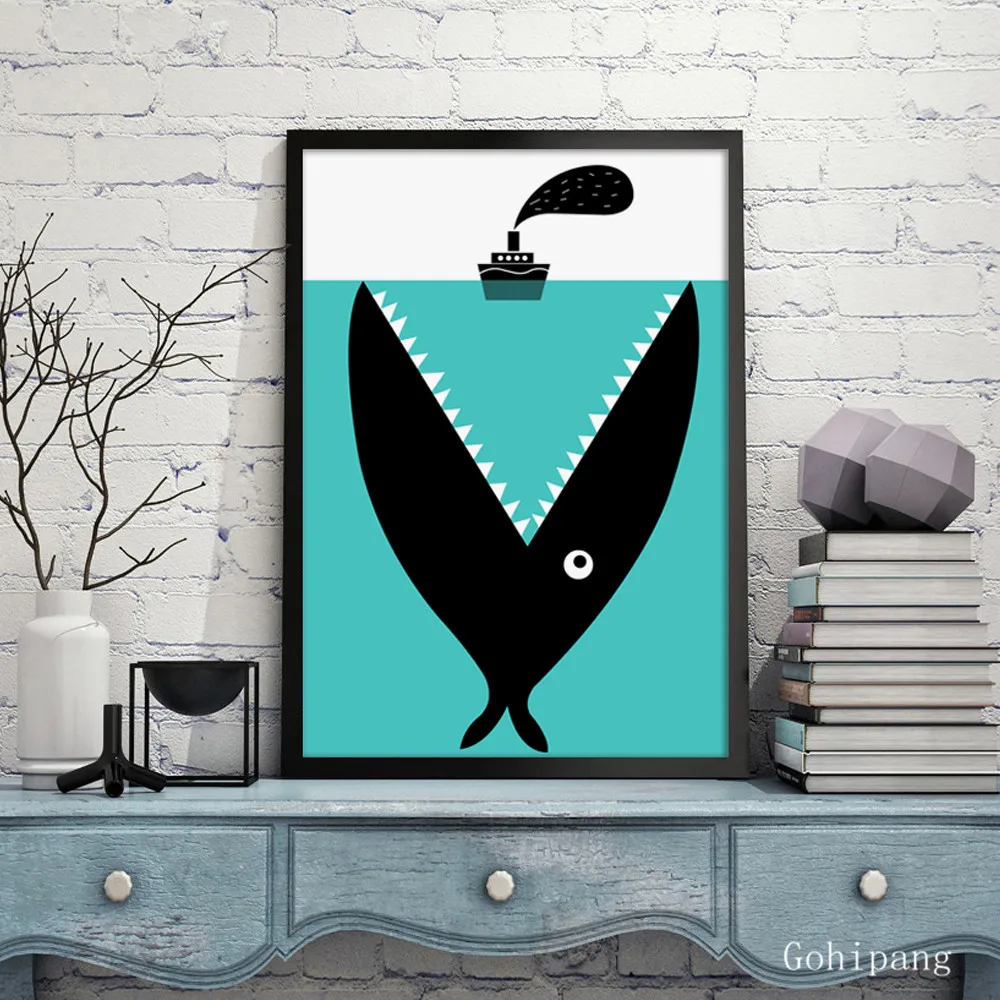 Modern-Simple-Nordic-Cartoon-Fish-Boat-Sea-Shark-A4-Canvas-Painting-Art-Print-Poster-Wall (1)