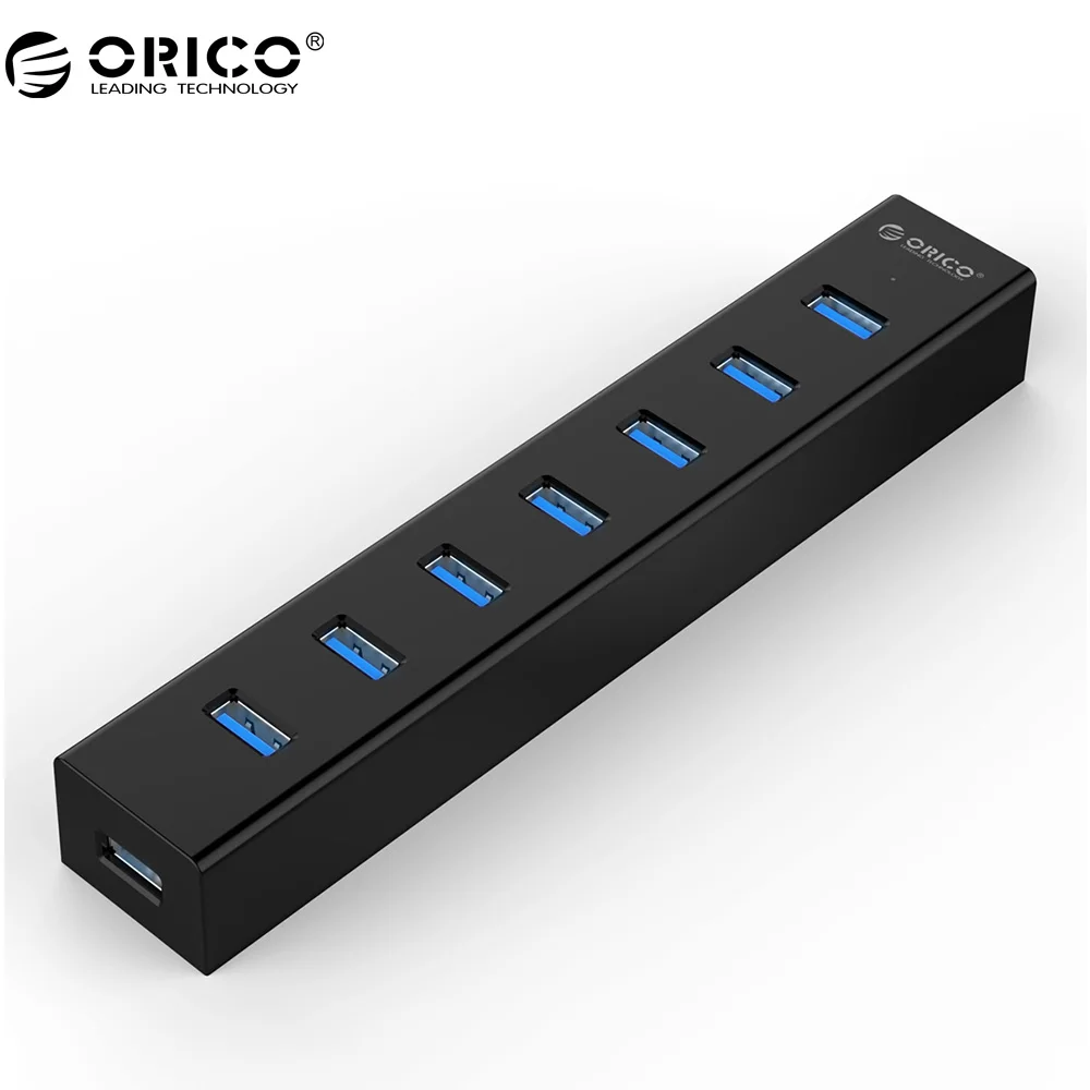 Vente ORICO 7 Port USB 3.0 HUB Haute Vitesse ABS Avec 5V2A Puissance Adaptateur pour Windows Vista 7 8 10 Linux Mac Noir (H7013 U3 AD)