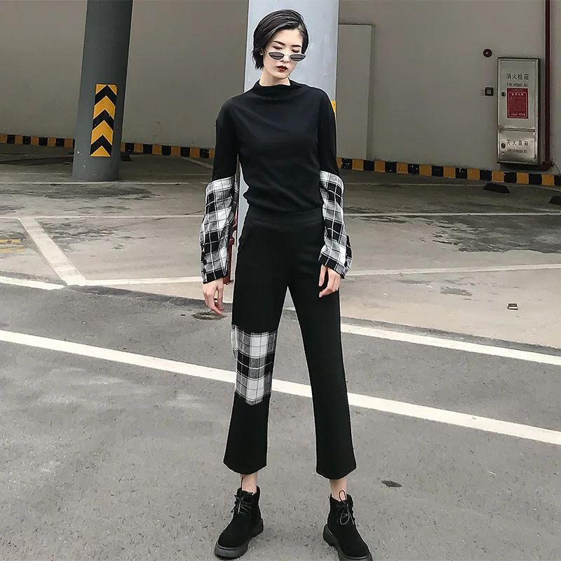

[EWQ] 2019 Spring New Fashion Ankle-length Pants Black Patchwork Plaid High Waist Wlastic Casual Loose Straight Pants AC347