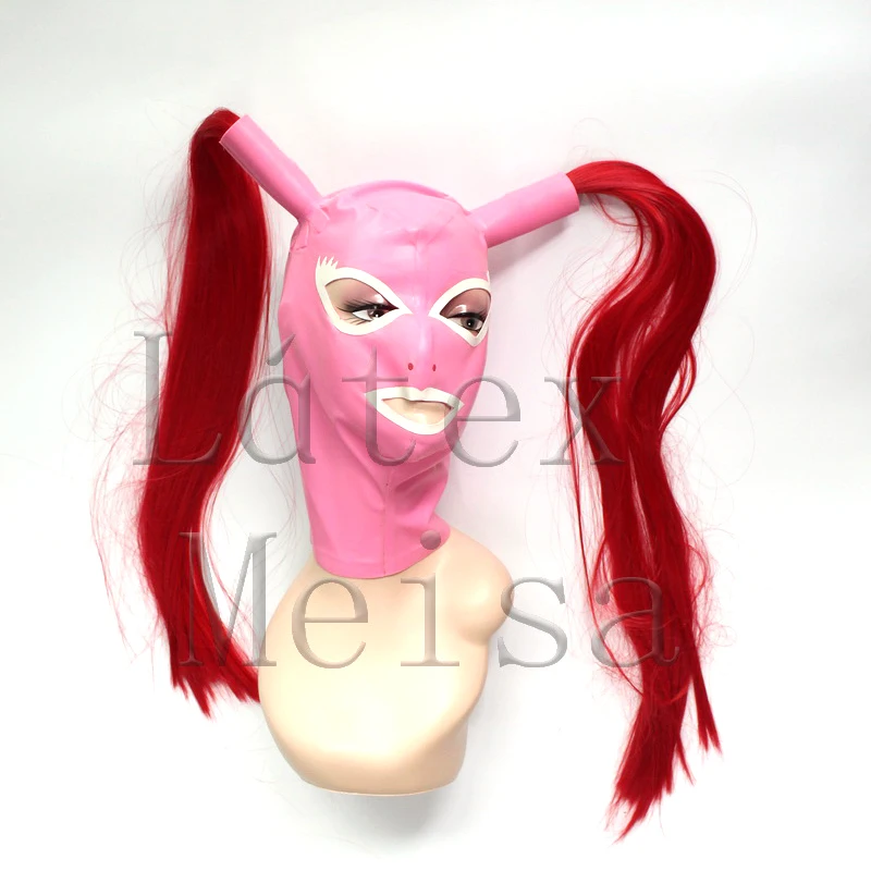 

Handmade Fetish latex hoods with wig hairs and open eyes and mouth in pink color for women
