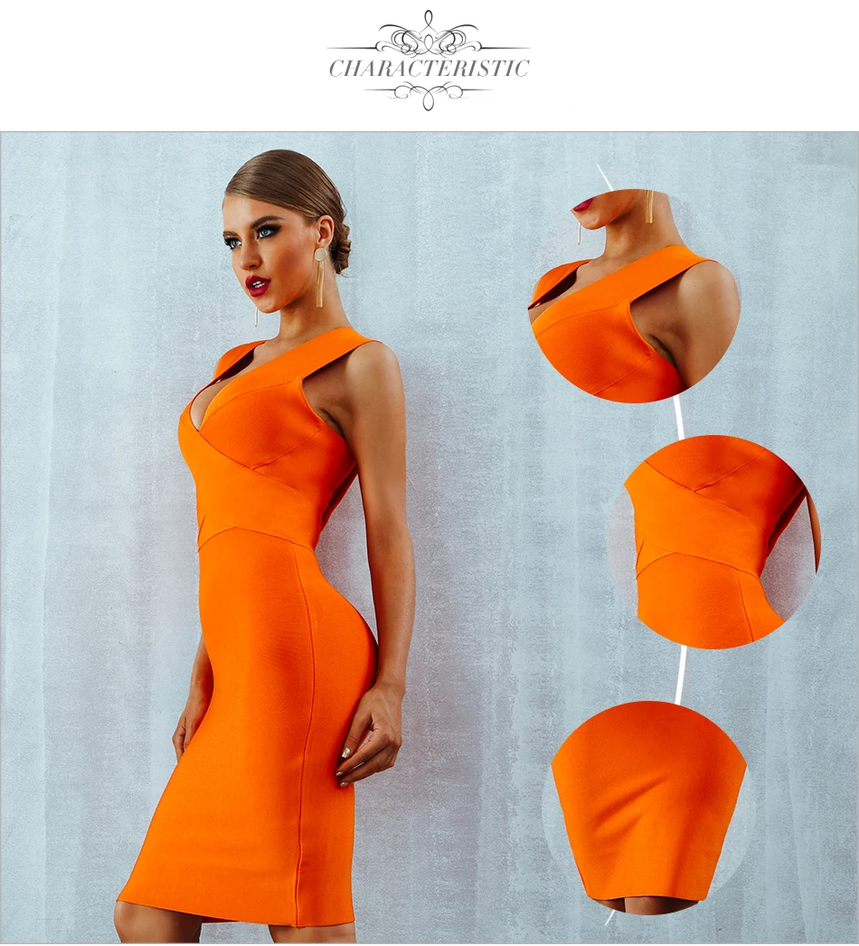 Orange Deep V-neck Sleeveless Bodycon Bandage Dress