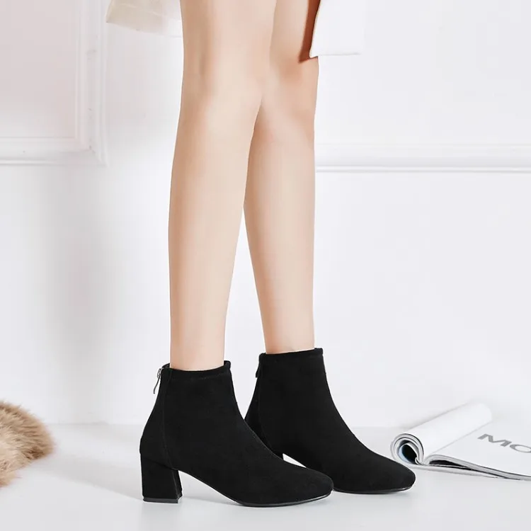 

Big Size 9 10 11 12 Square velvet-faced solid-color thick-heeled zipper boots