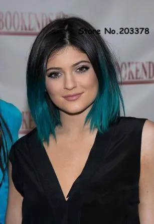 Kylie Jenner Ombre Synthetic Lace Front Green Wigs Straight Short