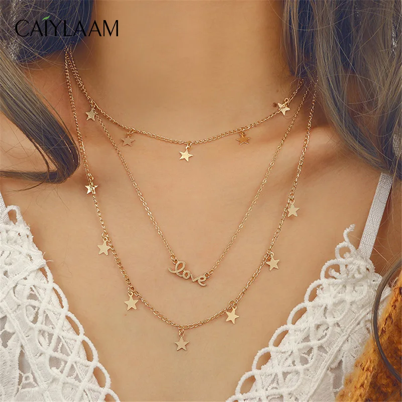 

CAIYLAAM Bohemia Star Shape Layered Necklace Women's Jewelry Letter Love Necklace for Ladies Gold Color Jewelry Accessories