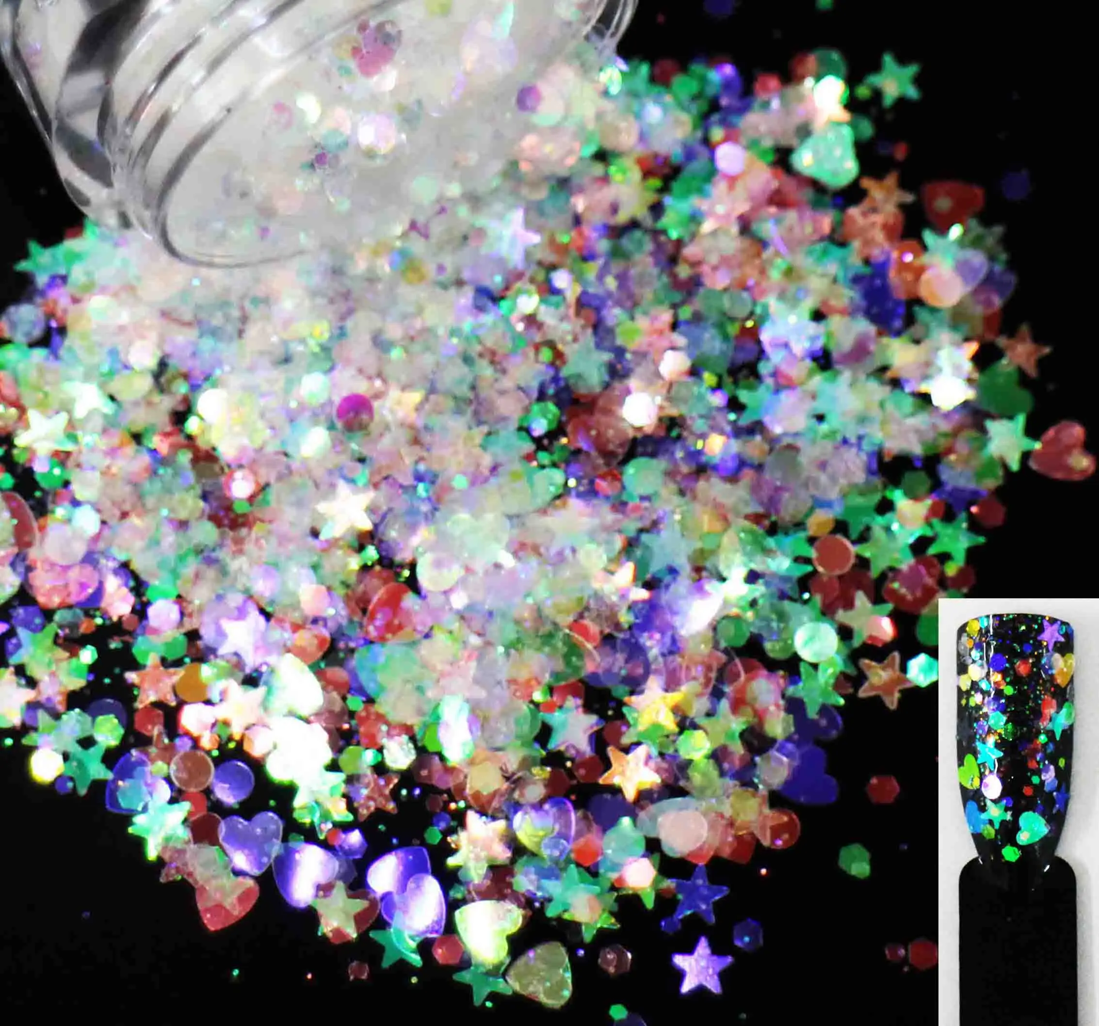

10g/pack, 12 Colors! Mix Stars/Hearts/Rounds/Hexagons Sequins, Iridescent Rainbow Shining Slices 3D nail art glitters paillettes