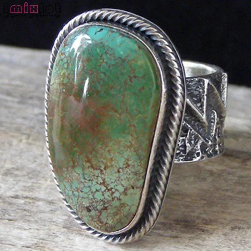 Vintage Antique Natural Stone Ring Fashion Jewelry Turquoises Sea Opal Finger Ring For Women Wedding Anniversary Rings 7-11
