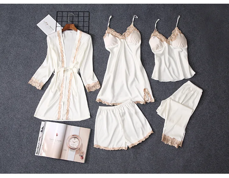 Pajama Sets Women pajamas nightgown Silk like sleepwear for women Robes babydolls women pajamas set 5pcs/set pajamas lingerie