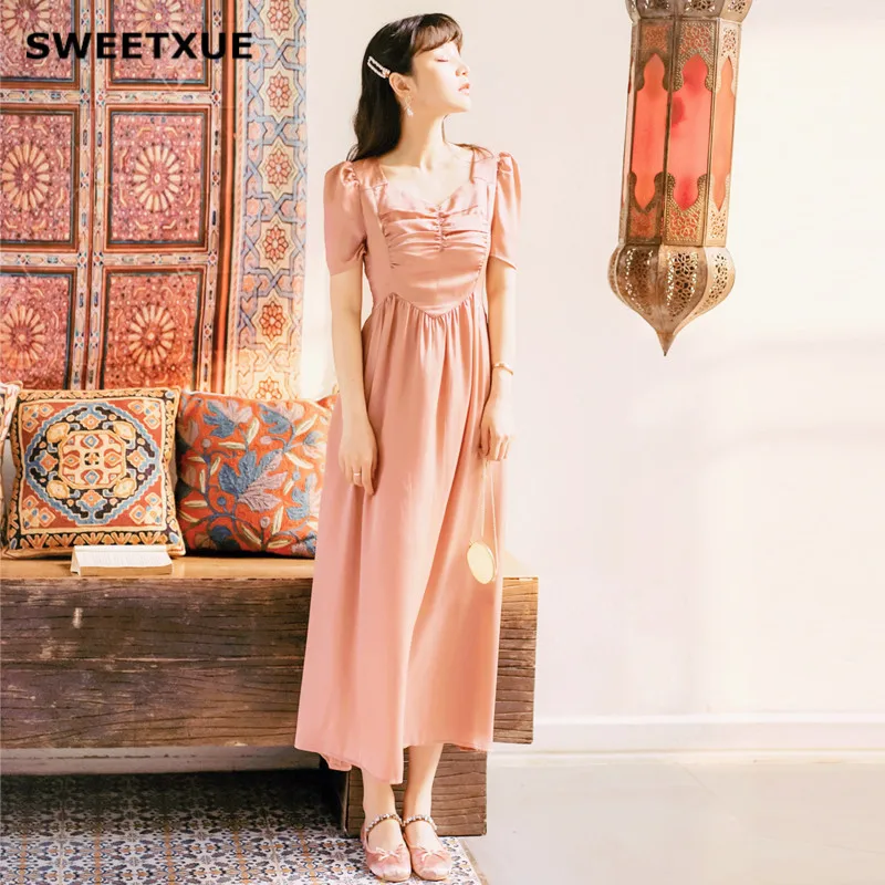 

SWEETXUE Elegant Women Satin Dress Short Sleeve Lady 2019 Retro Solid Color Comfortable Casual Maxi Dress Long Summer Vestidos