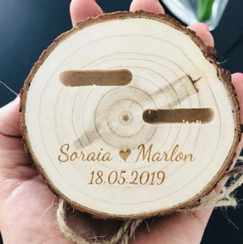 

Custom Rustic Wedding Ring Bearer Engraved name date logo Wood Round Ring Box Slice Engagement Box Wooden Personalized Ring Box