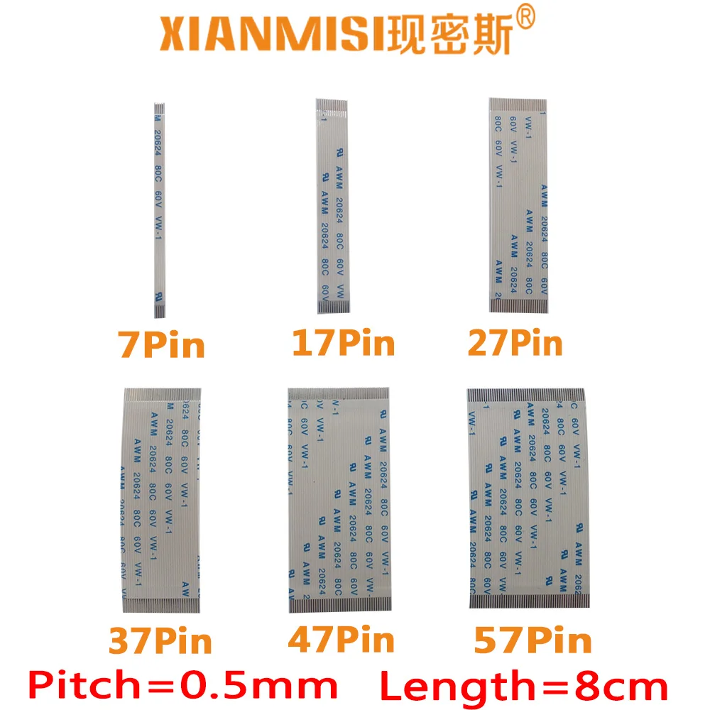

FFC/FPC Flat Flex Cable 7Pin 17Pin 27Pin 37Pin 47Pin 57Pin Same Side 0.5mm Pitch AWM VW-1 20624 20798 80C 60V Length 8cm 5PCS