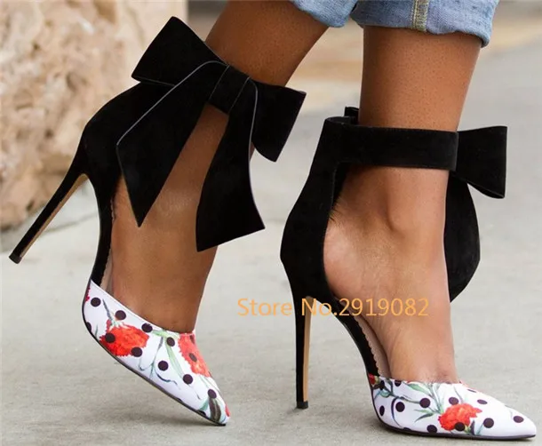 Sexy Pointed Toe Slip-on Stilettos Women Pumps Dot Flower Design Erect Big Butterfly-knot Ankle Part Party Wedding Women Shoes