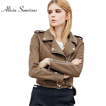 

2017 Black Leather Jacket Women Suede Leather Slim Short Coat Brown Black Motorcycle Autumn Winter Coats With Belt Badges BJ0332