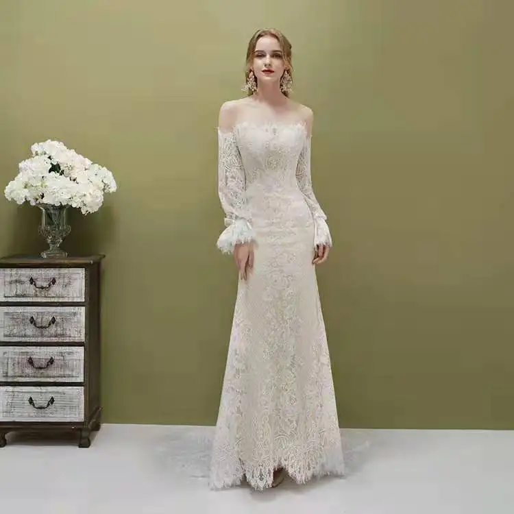 

2019 Gorgeous Sexy Mermaid V-Neck Backless Court Train Floral Sheer Lace Ruched Wedding Dresses