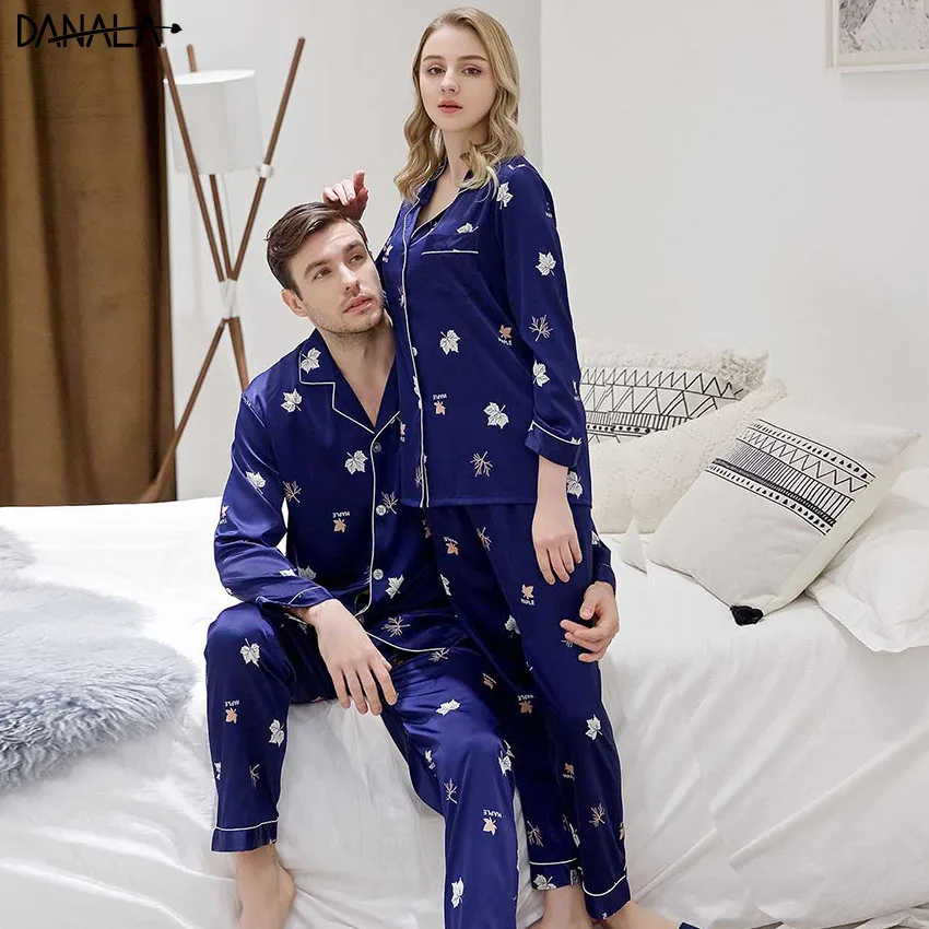 

DANALA Couple Sleepwear Nightwear Sets Silk Satin Couple Pajamas Sets For Women Vogue Animals Floral Print Refreshing Home Suits