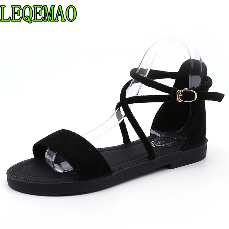

2019 summer new Korean version Rome Grind Fine belt Buckle Packs and heels women's sandals and big shoes women