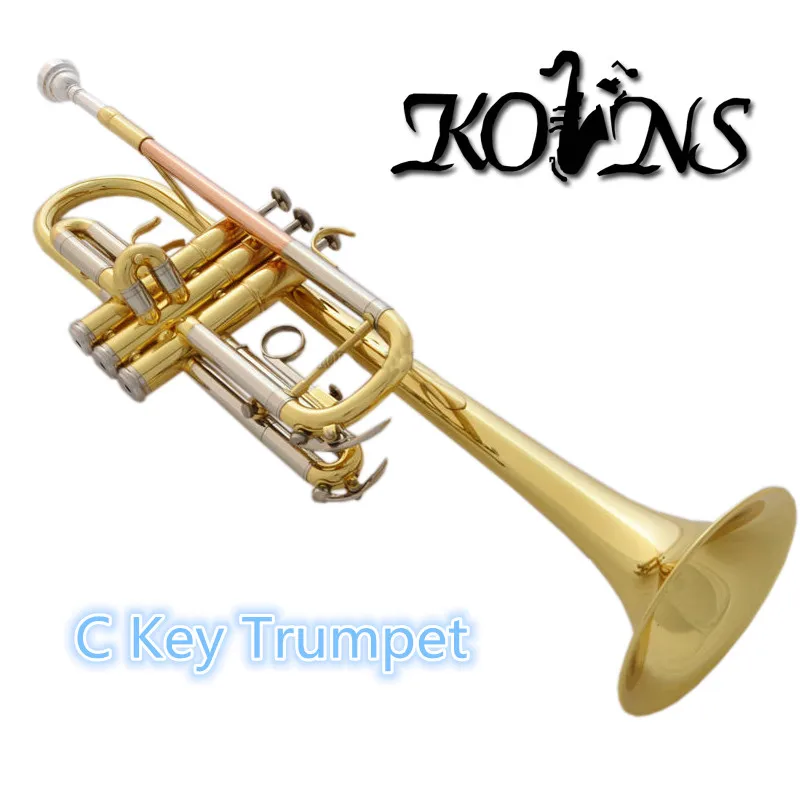 Top New Gold C Key Trumpet with Cupronickel Tuning pipe horn With Case