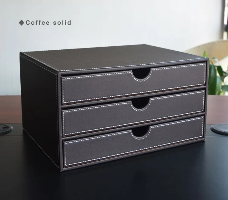 Pitebo A4 3 Drawer Wood Leather Office Desktop File Cabinet Box