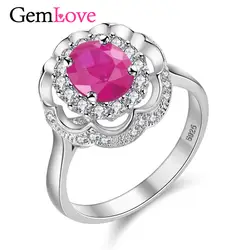 Gemlove Цветок 925 пробы Серебряные кольца для Для женщин 0.8ct Природный Рубин Ювелирные изделия с алмазами драгоценный камень серебряное