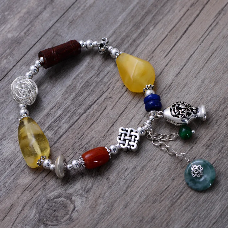 

925 Sterling Silver Vintage Nature Yellow Beeswax & Red Souther & Green Jade Bracelet Women Thai Silver Gift Jewelry CH058798