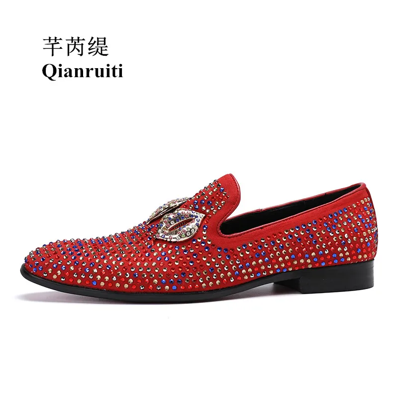 Qianruiti Men's Rhinestone Shoes Slip on Loafers Mixed Color Strass