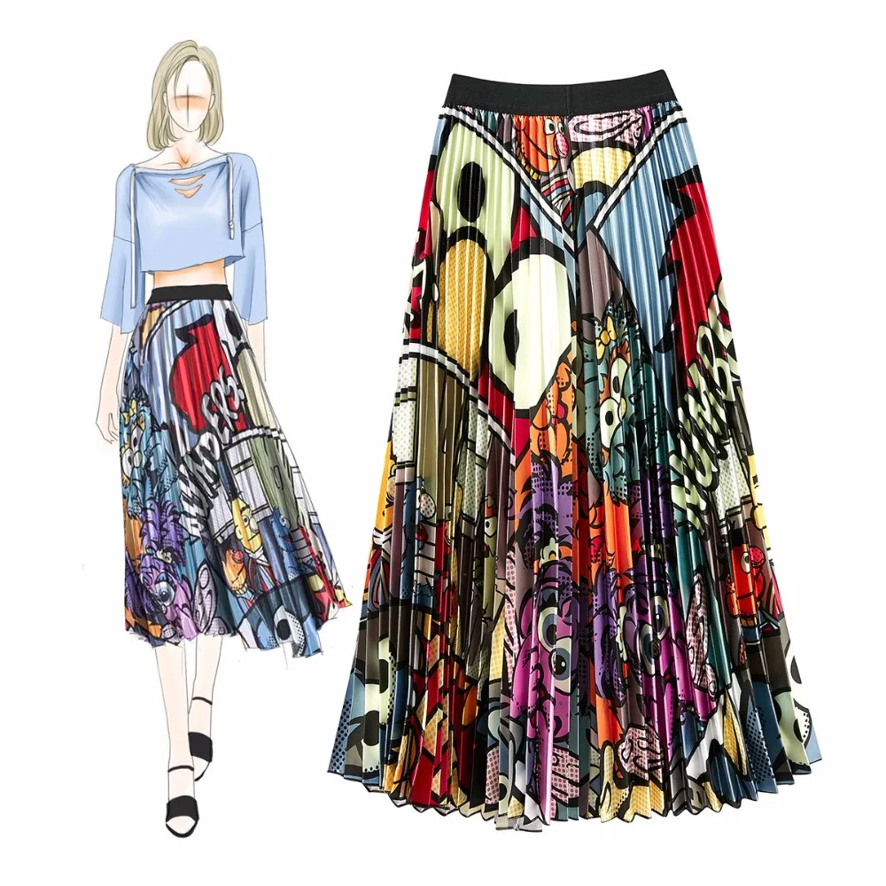 High quality fashion print pleated Skirts Summer women