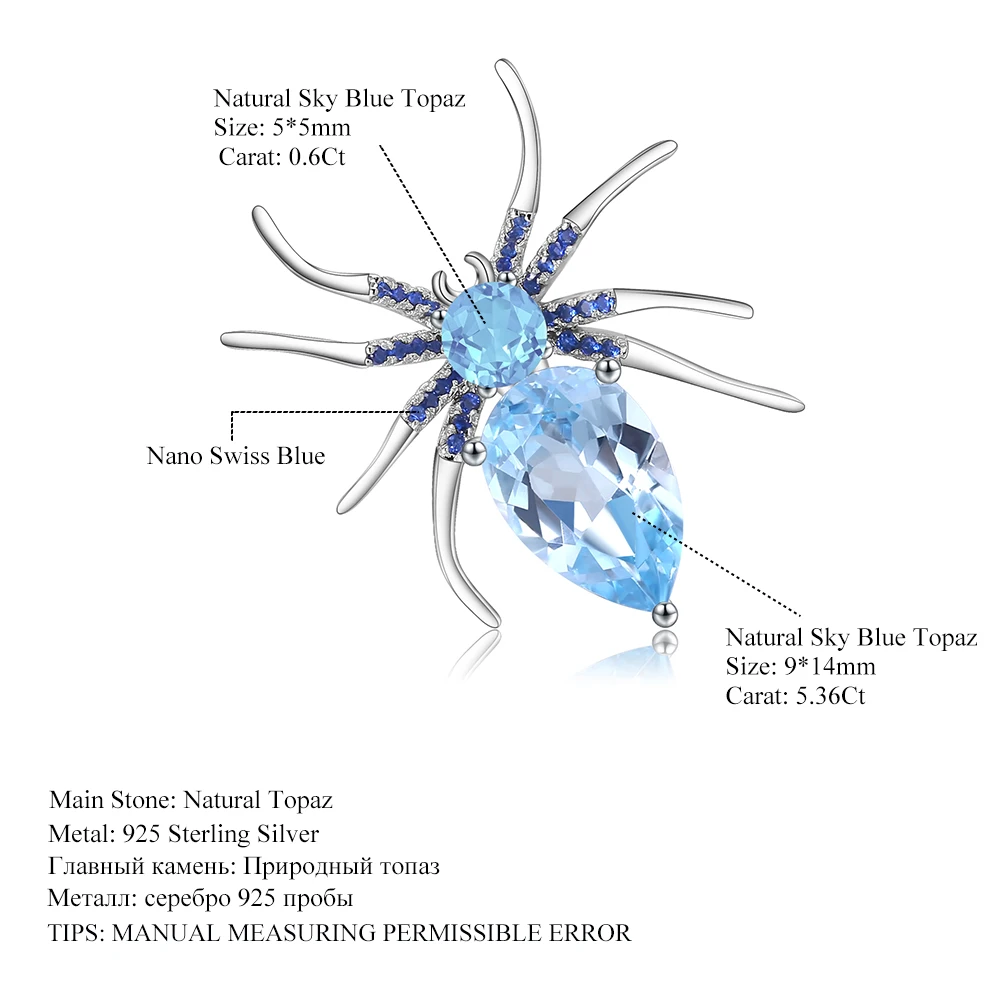 GEM'S BALLET 5.9Ct Natural Sky Blue Topaz Spider Fine Jewelry 925 Sterling Sliver Brooches For Women Dresses Brooch Vintage-5
