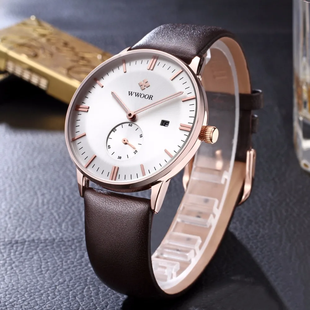 

Brand Luxury Men's Watch Date Day Genuine Leather Strap Sport Watches Male Casual Quartz Watch Men Wristwatch Famous WWOOR Clock