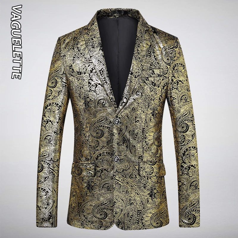 

VAGUELETTE Shiny Paisley Floral Golden Blazer Men Printed Wedding Stage Jacket Coat Fashion Men Blazer Slim Fit M-5XL