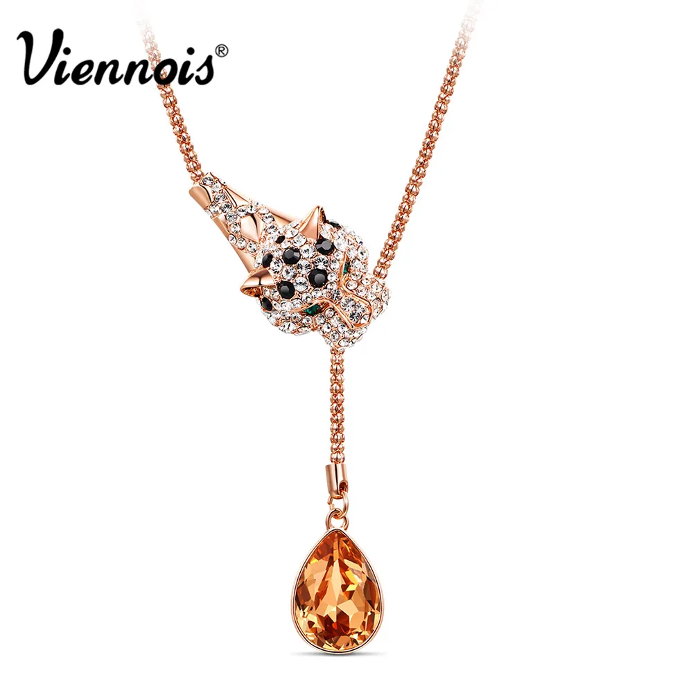 New Viennois Fashion Jewelry Rose Gold Alloy Leopard Pendant Necklaces For women Orange Crystal Full Rhinestone Paved Necklaces New Viennois Fashion Jewelry Rose Gold Alloy Leopard Pendant Necklaces For women Orange Crystal Full Rhinestone Paved Necklaces
