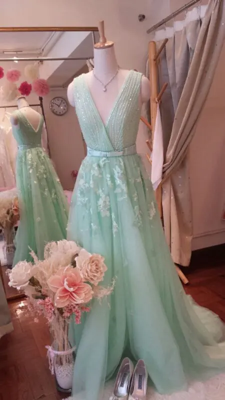

Mint Green 100% Real Sample V Neck Bow Heavy Beading Lace Applique Tulle A Line Formal Long Evening Dresses Plus Size