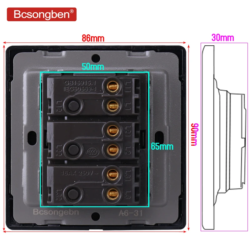 Bcsongben стандартный переключатель, кнопочный светильник, настенный, черный, нержавеющая сталь, акрил, 3 комплекта, 1 переключатель, переменный ток, 110-250 В, kd1-3k1