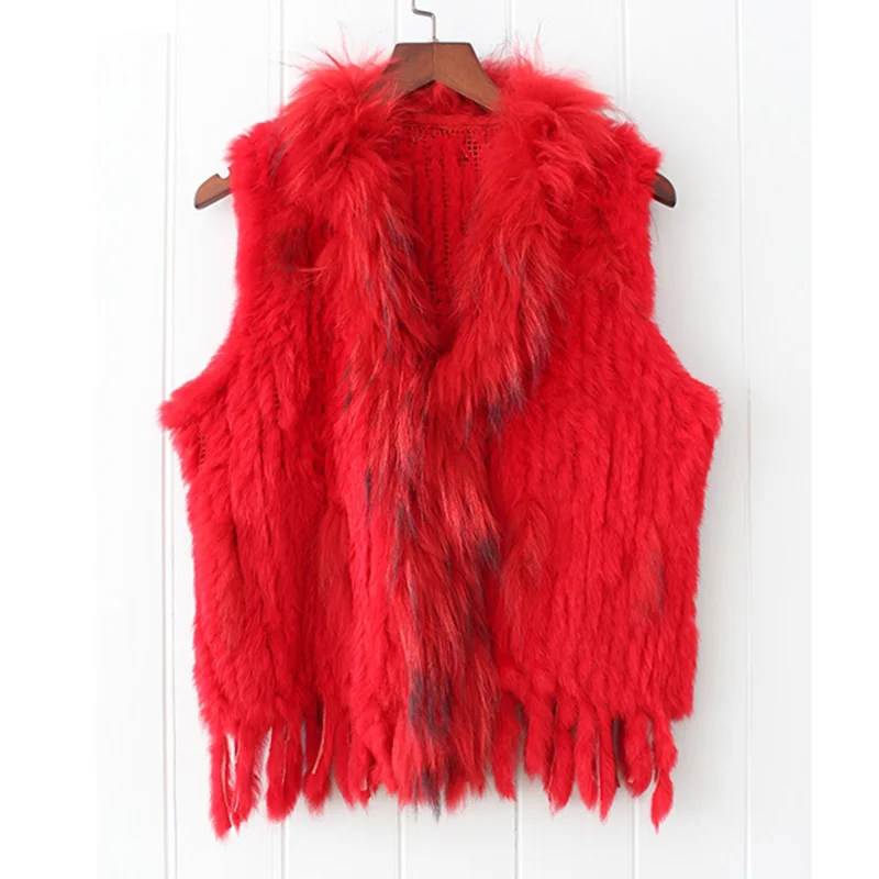 

Women Ntural Knitted Rabbit Fur Vest with real raccoon fur collar Winter Autumn hot sale waistCoat Fashion Outwear gilet tassels