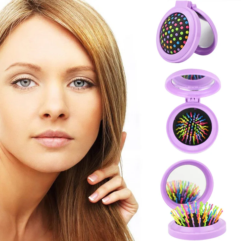 1pc Portable Folding Rainbow Hairbrush For Tangle Hair Brush Scalp Massage Airbag Hair Comb With Makeup Mirror Styling Tools Ionic hairbrush 0