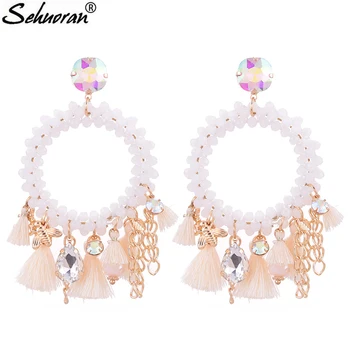 

Sehuoran Tassel Big Drop Earrings For Woman Crystal Faceted Beads Handmade Round Boho Woman Earrings Statement Oorbellen