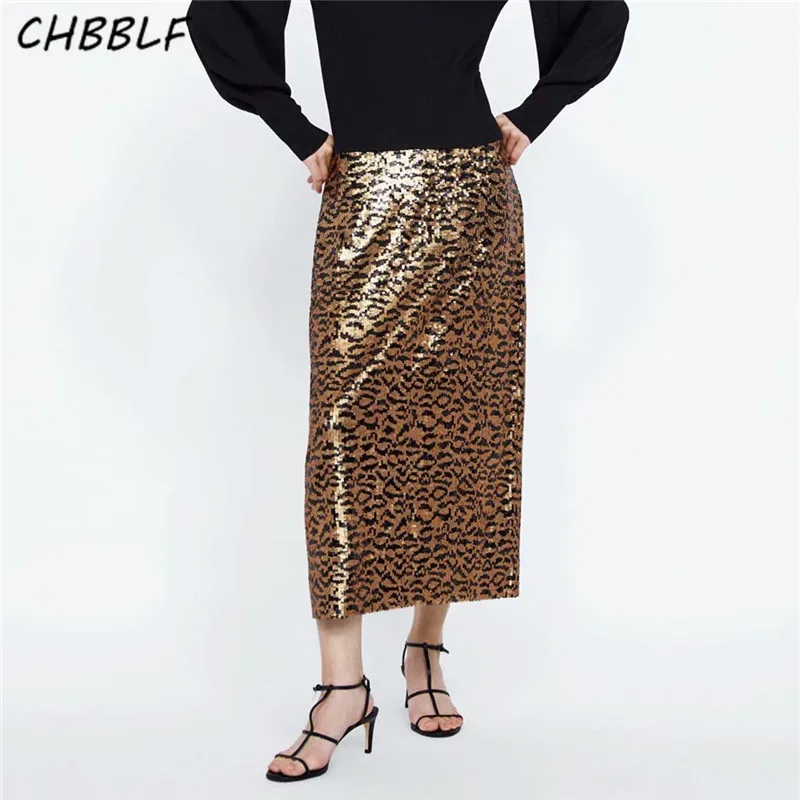 

CHBBLF women sequined leopard midi skirt animal pattern elastic waist faldas mujer female high street mid calf skirts POP1696