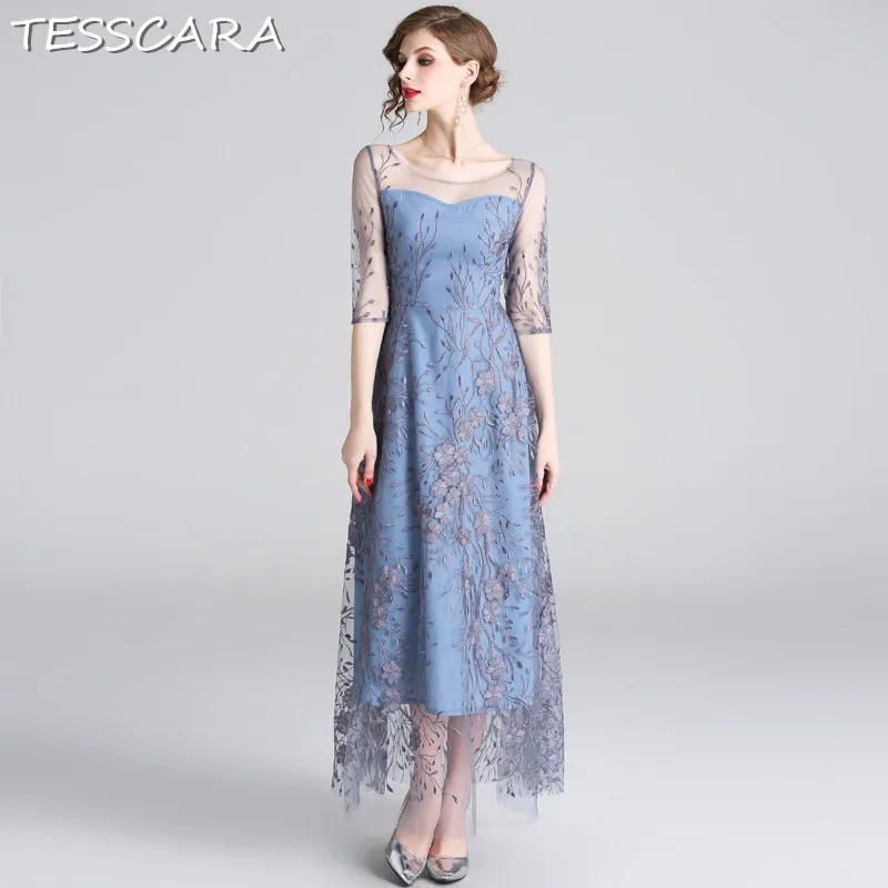 

TESSCARA Women Luxury Embroidery Mesh Dress Festa Female High Quality Long Wedding Party Robe Femme Designer Blue Vestidos