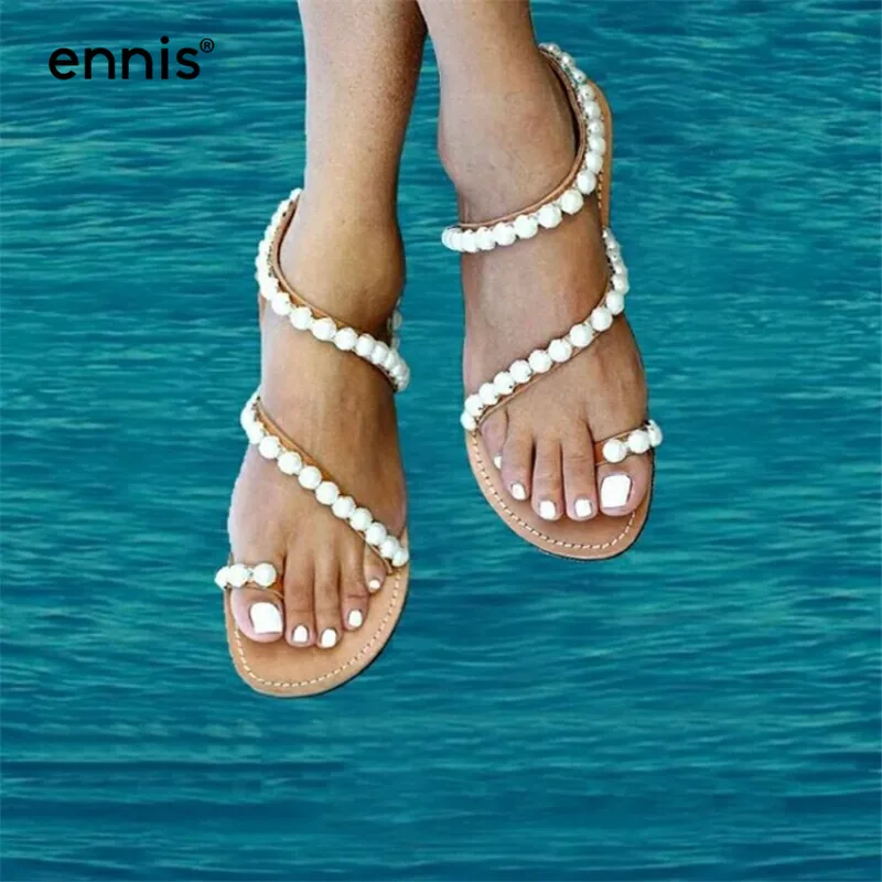 Summer Shoes Flat Pearl Sandals Women Slides Flip Flops Sandals Flats Genui...